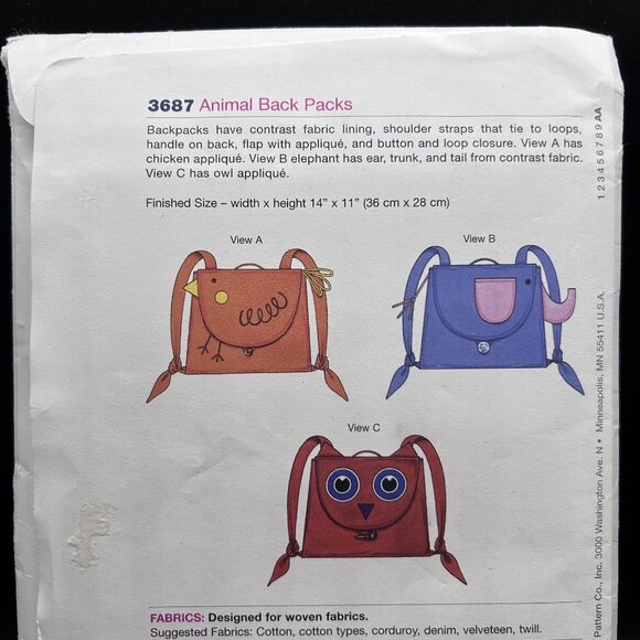 Kwik Sew 3687 “Animal Back Packs” (14” x 11”) Sewing Pattern Uncut FF - Picture 3 of 5